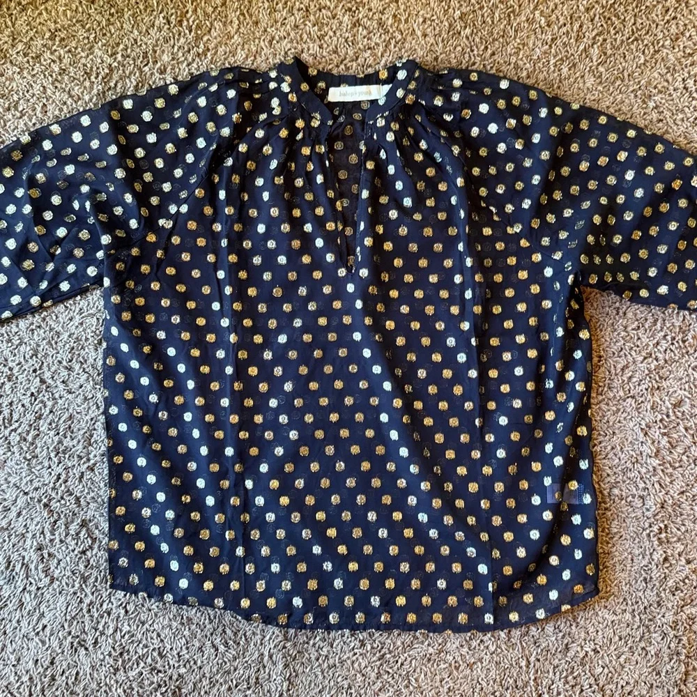Anthropologie Bishop & Young Black Pullover Blouse w Gold Metallic Dots Medium - Picture 10 of 15